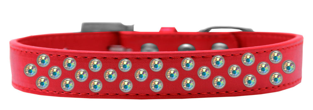 Aurora Borealis Crystal Rimsets dog collar featuring three rows of sparkling crystals on a soft faux leather base, with a crystal buckle.