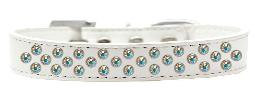 Aurora Borealis Crystal Rimsets dog collar featuring three rows of sparkling crystals on a soft faux leather base, with a crystal buckle.