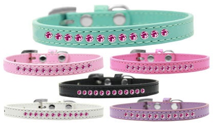 Bright Pink Crystal Rimsets dog collar featuring faux leather and sparkling pink crystals, designed for stylish pets.
