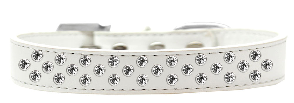 A stylish faux leather dog collar adorned with clear crystal sprinkles, showcasing three rows of sparkling stones.
