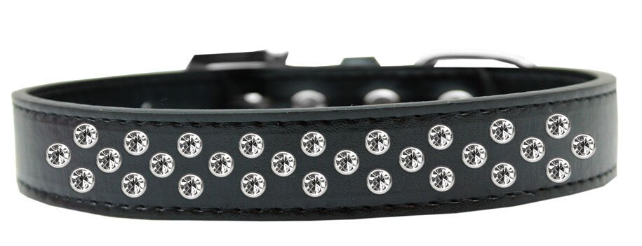 A stylish faux leather dog collar adorned with clear crystal sprinkles, showcasing three rows of sparkling stones.