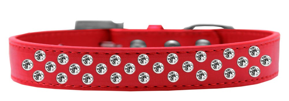 A stylish faux leather dog collar adorned with clear crystal sprinkles, showcasing three rows of sparkling stones.