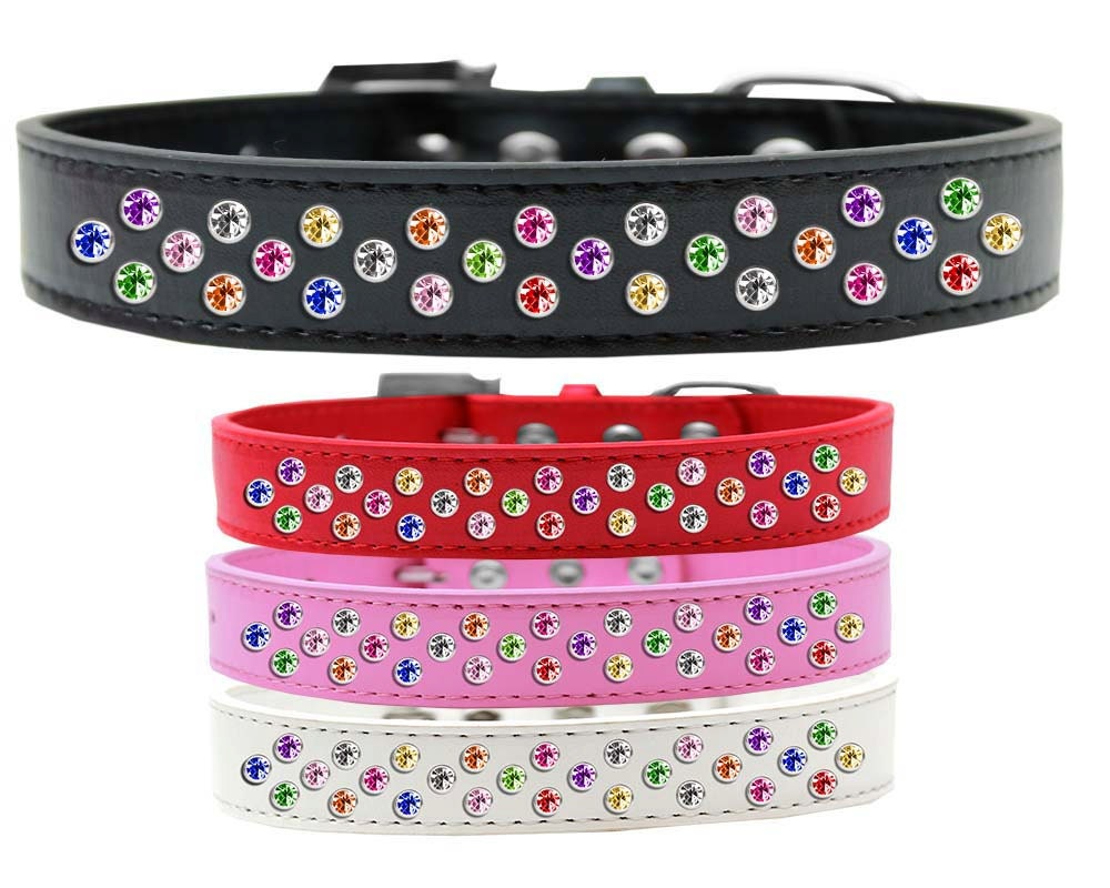 Stylish dog collar with three rows of sparkling crystals on faux leather, available in various colors and sizes.