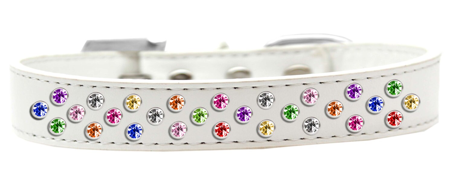 Stylish dog collar with three rows of sparkling crystals on faux leather, available in various colors and sizes.