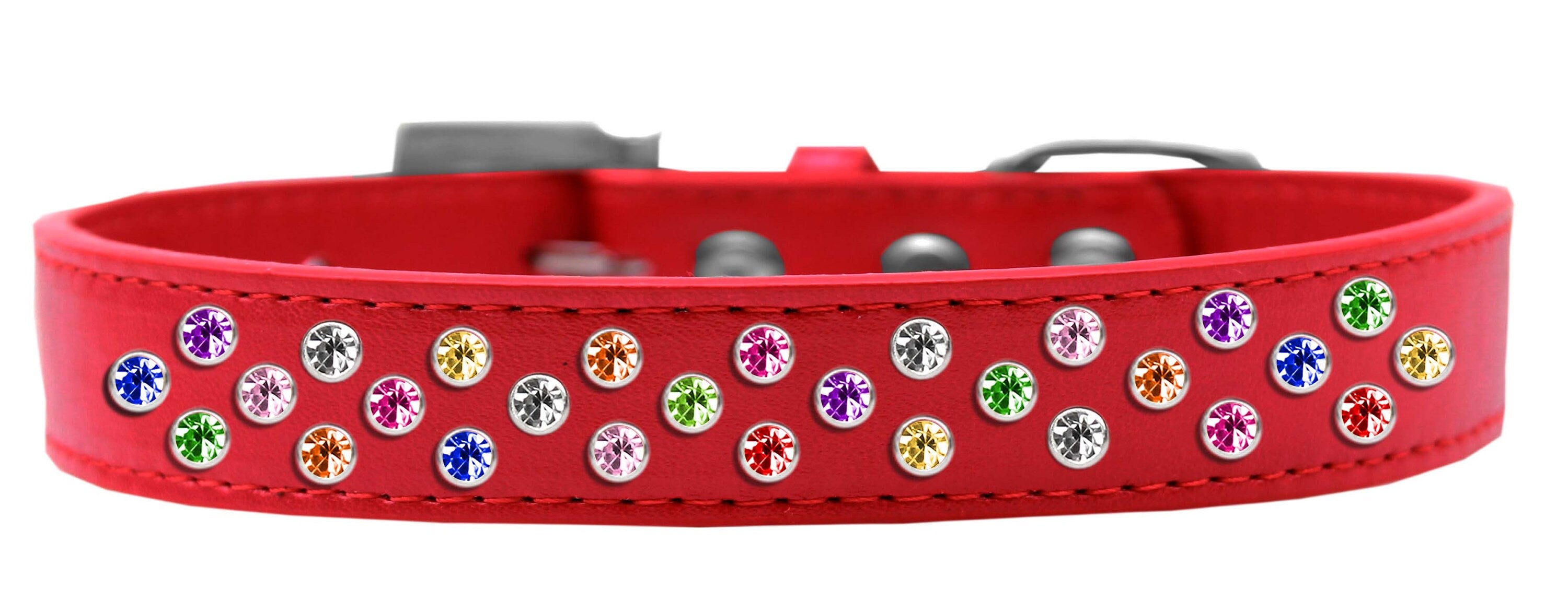 Stylish dog collar with three rows of sparkling crystals on faux leather, available in various colors and sizes.