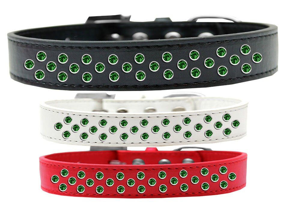 Emerald Green Crystal Sprinkles dog collar featuring three rows of sparkling crystals on soft faux leather.