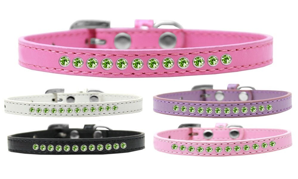 Lime Green Crystal Rimsets dog collar featuring bright pink crystals and a crystal buckle, made from soft faux leather.