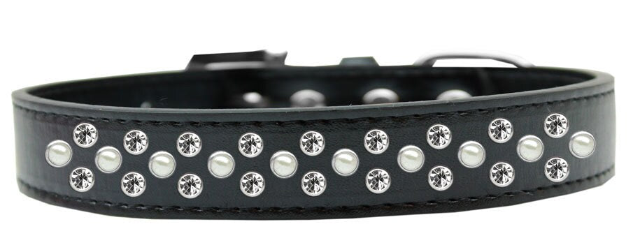 Elegant dog collar featuring pearl and clear crystal rimsets, designed for pets with a stylish faux leather finish.