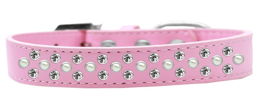 Elegant dog collar featuring pearl and clear crystal rimsets, designed for pets with a stylish faux leather finish.