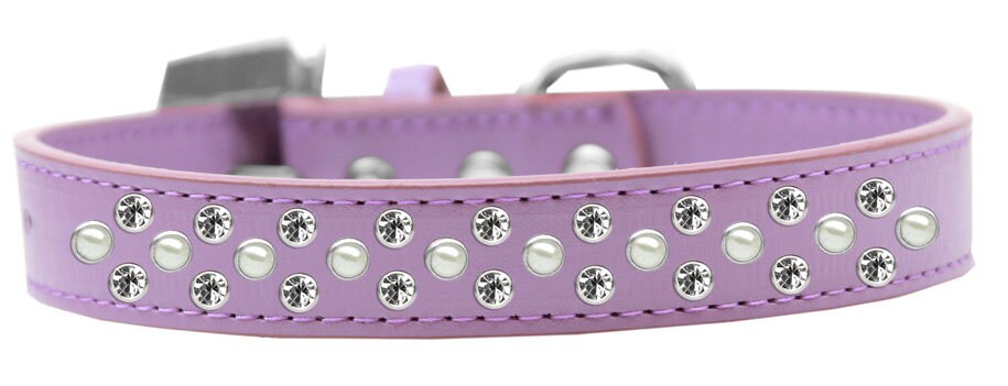 Elegant dog collar featuring pearl and clear crystal rimsets, designed for pets with a stylish faux leather finish.