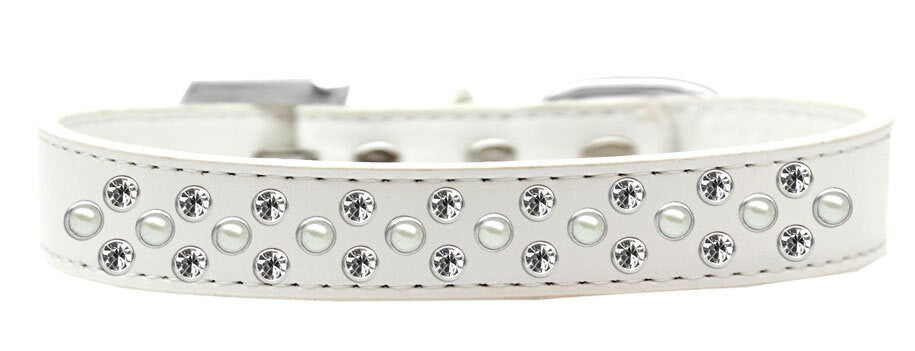 Elegant dog collar featuring pearl and clear crystal rimsets, designed for pets with a stylish faux leather finish.