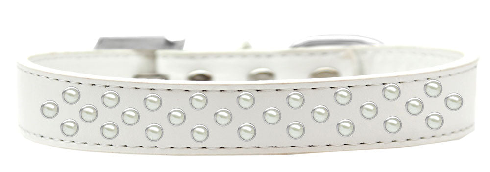 Elegant faux leather dog collar with three rows of pearl crystals, perfect for stylish pets.