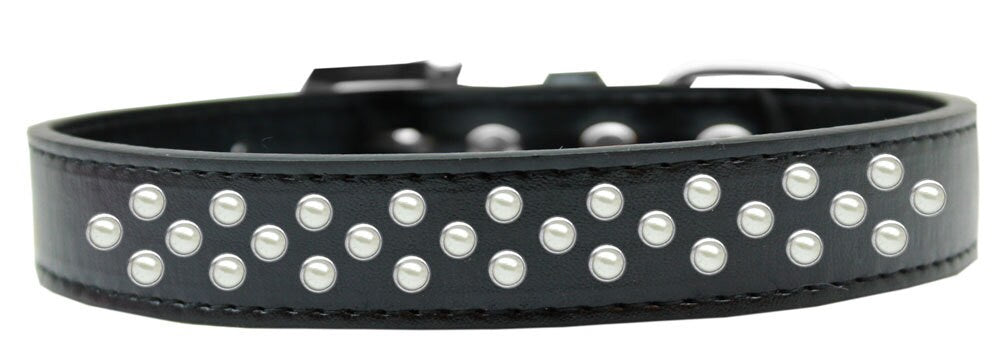 Elegant faux leather dog collar with three rows of pearl crystals, perfect for stylish pets.