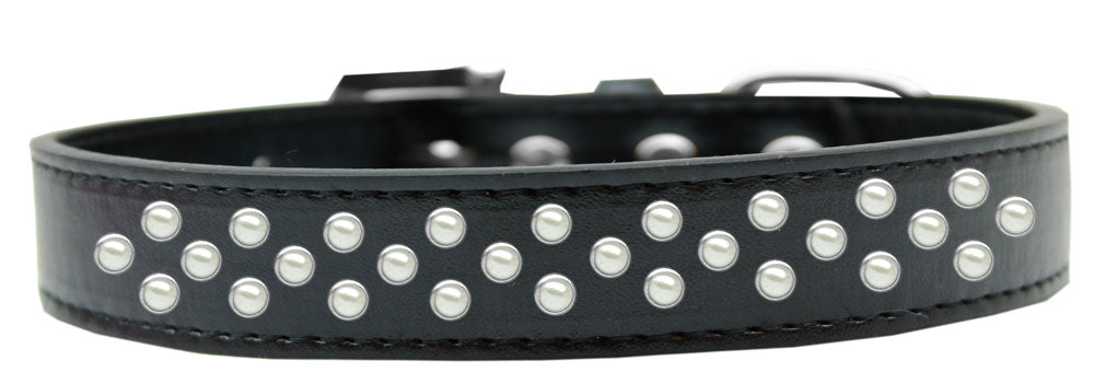Elegant faux leather dog collar with three rows of pearl crystals, perfect for stylish pets.
