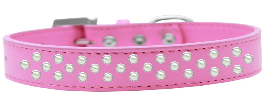 Elegant faux leather dog collar with three rows of pearl crystals, perfect for stylish pets.