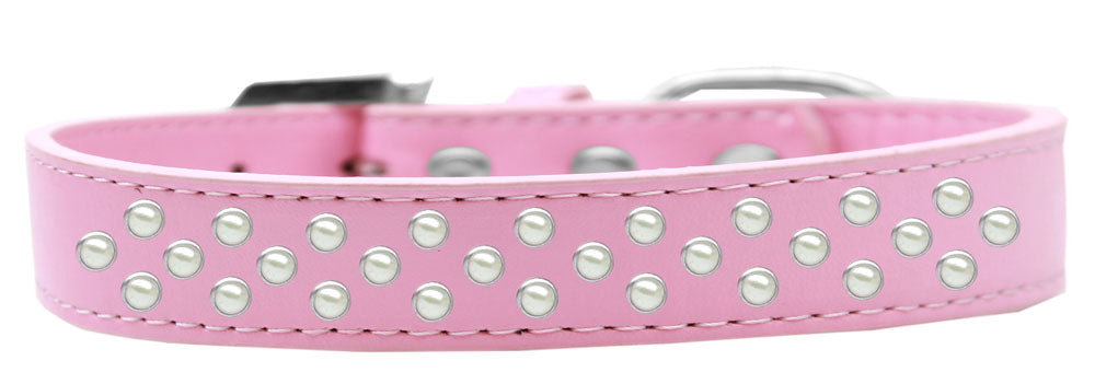 Elegant faux leather dog collar with three rows of pearl crystals, perfect for stylish pets.