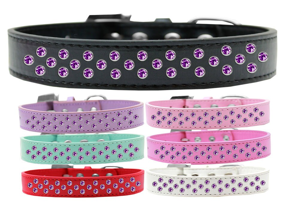 Purple faux leather dog collar adorned with three rows of sparkling crystals, designed for stylish pets.