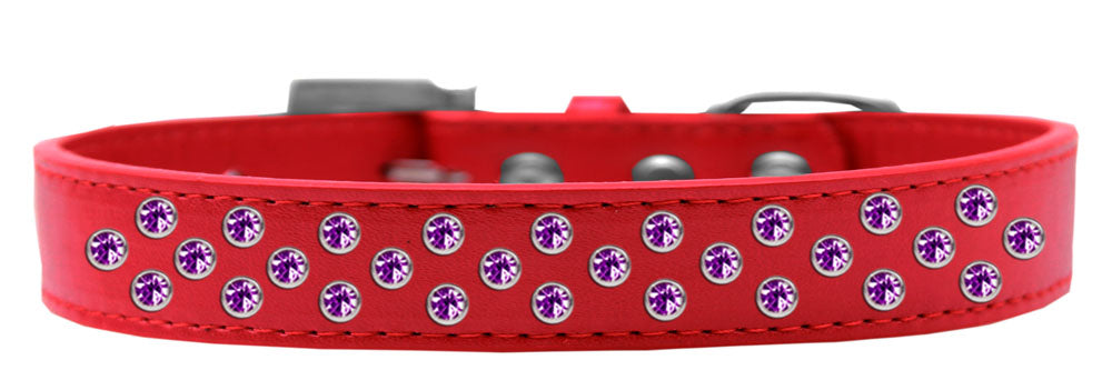 Purple faux leather dog collar adorned with three rows of sparkling crystals, designed for stylish pets.