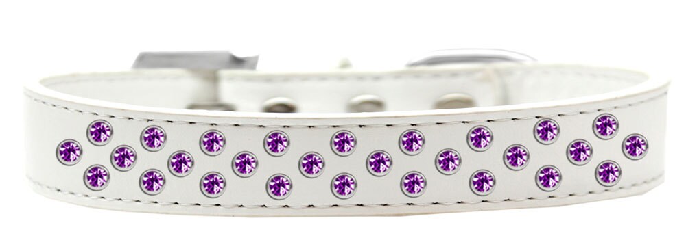 Purple faux leather dog collar adorned with three rows of sparkling crystals, designed for stylish pets.