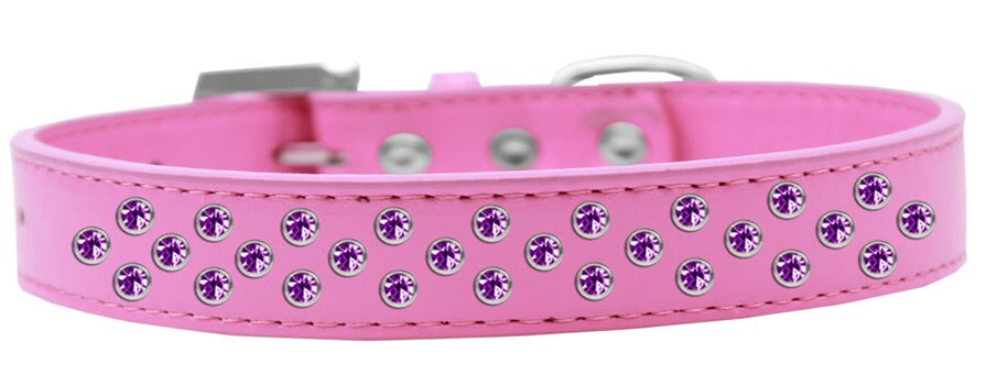 Purple faux leather dog collar adorned with three rows of sparkling crystals, designed for stylish pets.