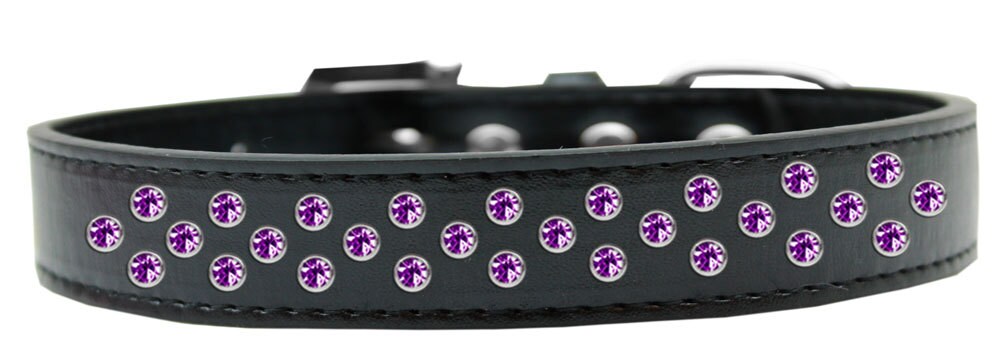 Purple faux leather dog collar adorned with three rows of sparkling crystals, designed for stylish pets.