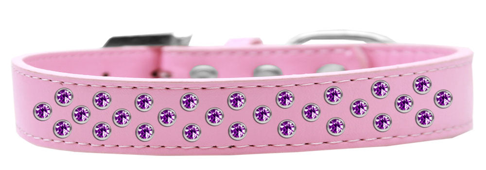 Purple faux leather dog collar adorned with three rows of sparkling crystals, designed for stylish pets.