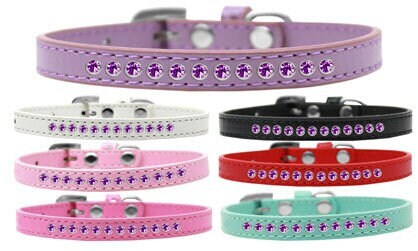 Purple faux leather dog collar adorned with bright pink crystals and a crystal buckle, designed for pets.