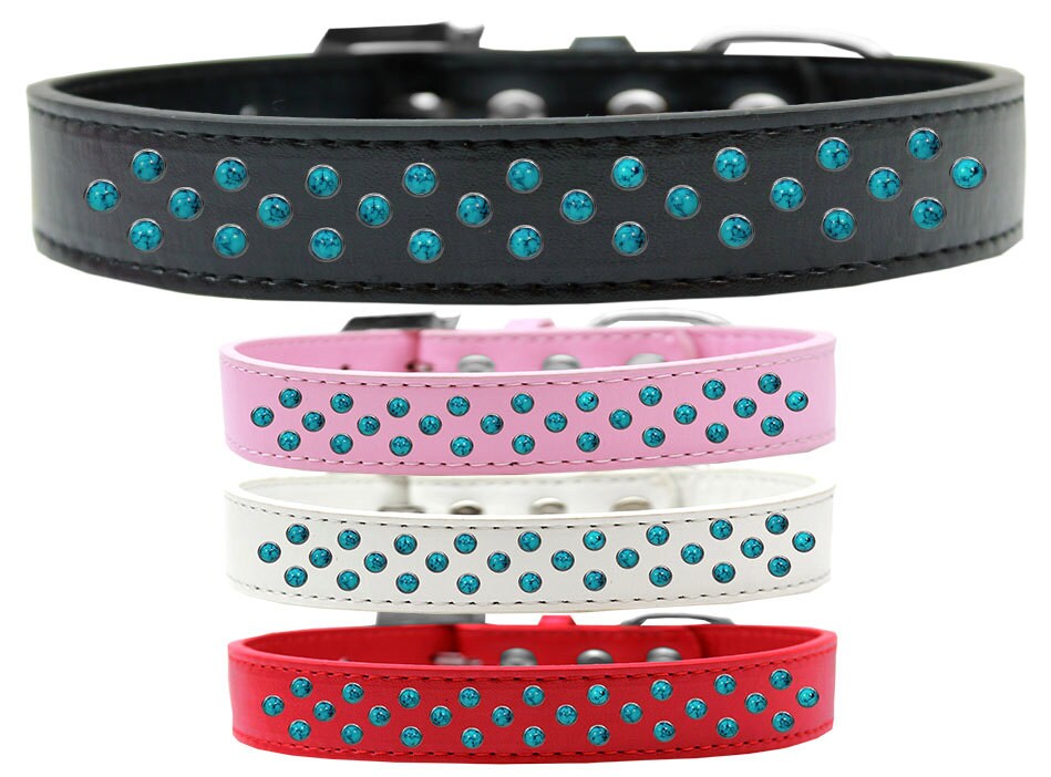 Stylish Southwest Turquoise Pearl Rimsets dog collar with three rows of sparkling crystals on a soft faux leather base.