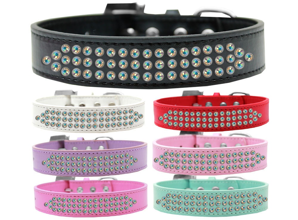 Stylish dog collar featuring three rows of aurora borealis crystals on faux leather, with a crystal buckle.