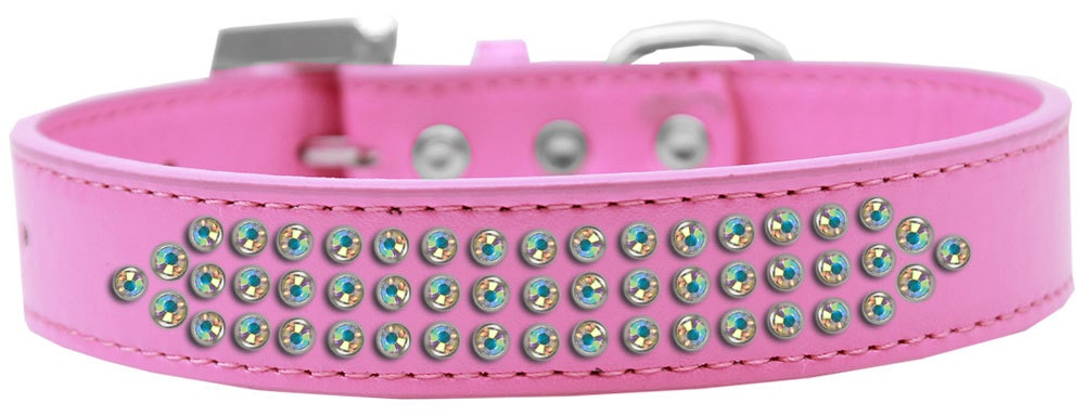 Stylish dog collar featuring three rows of aurora borealis crystals on faux leather, with a crystal buckle.
