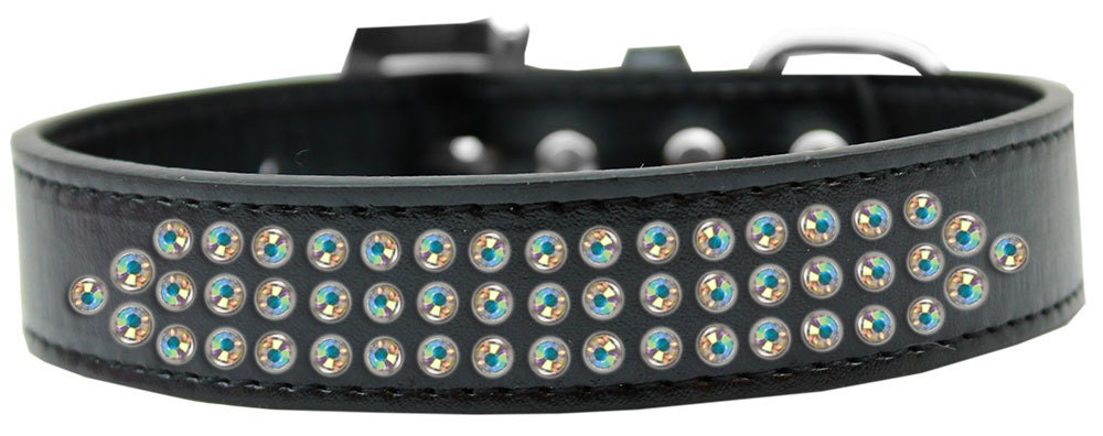 Stylish dog collar featuring three rows of aurora borealis crystals on faux leather, with a crystal buckle.
