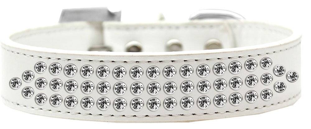 Elegant dog collar featuring three rows of clear crystals on soft faux leather, perfect for stylish pets.