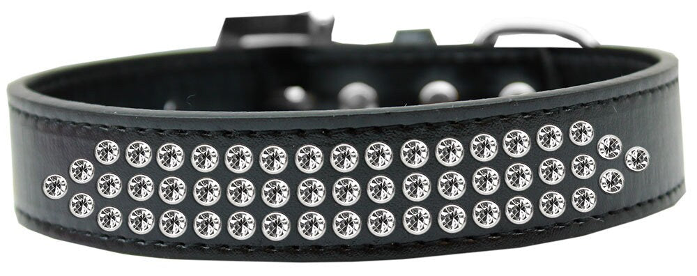 Elegant dog collar featuring three rows of clear crystals on soft faux leather, perfect for stylish pets.