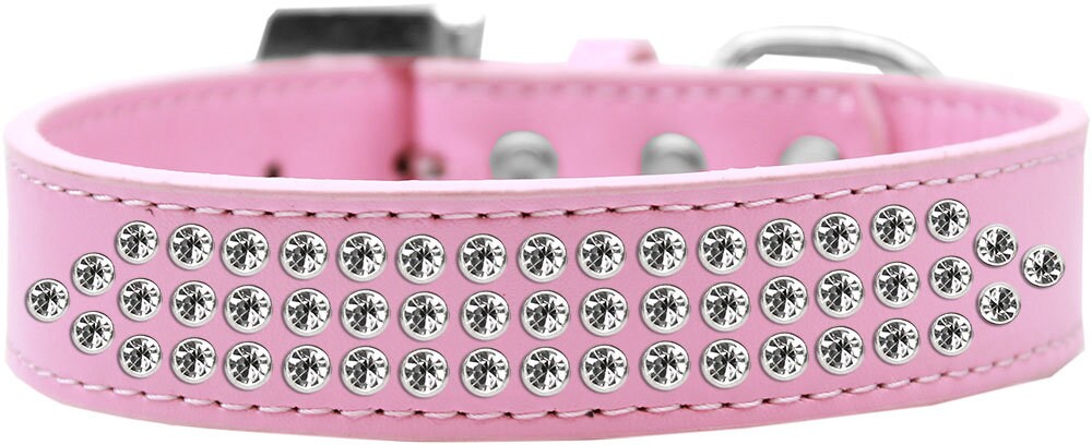 Elegant dog collar featuring three rows of clear crystals on soft faux leather, perfect for stylish pets.