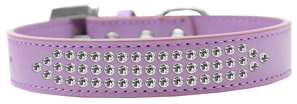 Elegant dog collar featuring three rows of clear crystals on soft faux leather, perfect for stylish pets.