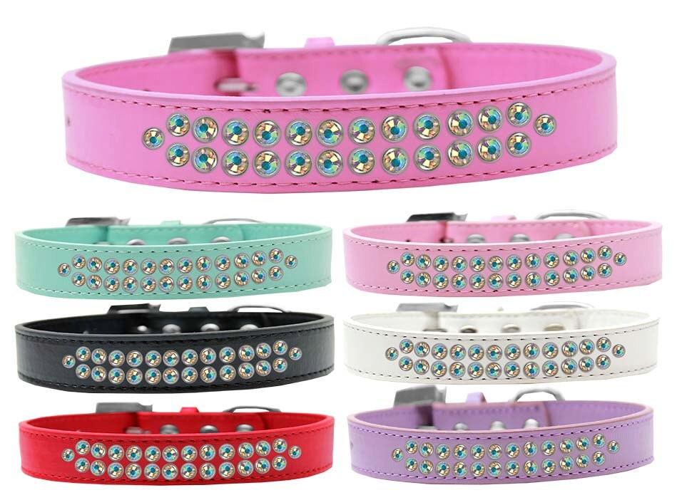 A stylish faux leather dog collar adorned with two rows of shimmering aurora borealis crystals and a crystal buckle, perfect for fashionable pets.