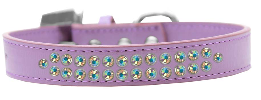 A stylish faux leather dog collar adorned with two rows of shimmering aurora borealis crystals and a crystal buckle, perfect for fashionable pets.