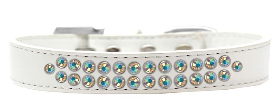 A stylish faux leather dog collar adorned with two rows of shimmering aurora borealis crystals and a crystal buckle, perfect for fashionable pets.