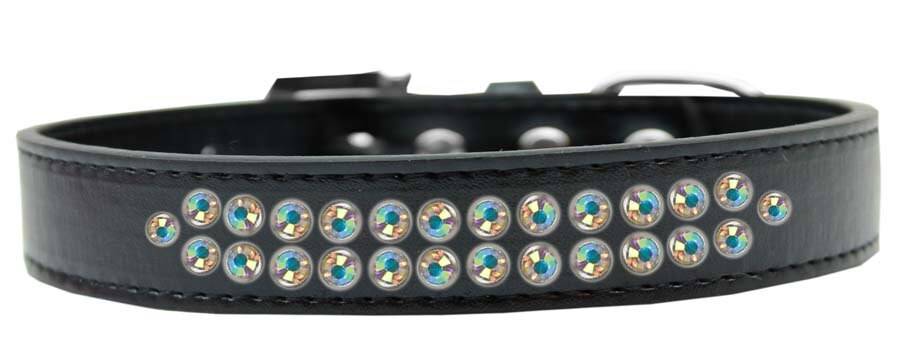 A stylish faux leather dog collar adorned with two rows of shimmering aurora borealis crystals and a crystal buckle, perfect for fashionable pets.