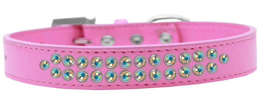 A stylish faux leather dog collar adorned with two rows of shimmering aurora borealis crystals and a crystal buckle, perfect for fashionable pets.