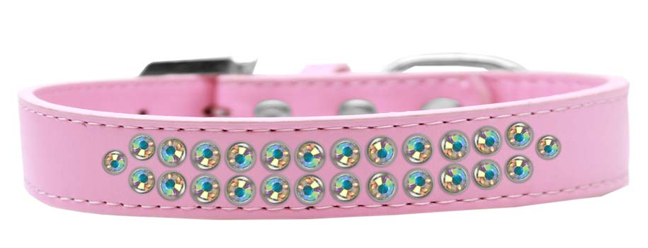 A stylish faux leather dog collar adorned with two rows of shimmering aurora borealis crystals and a crystal buckle, perfect for fashionable pets.
