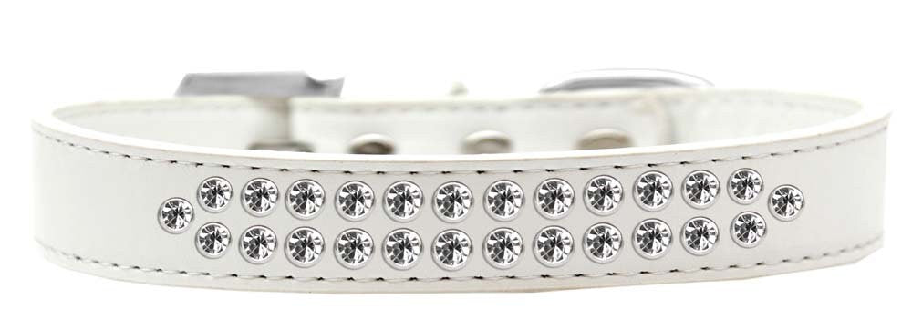 Stylish dog collar with two rows of clear crystals on faux leather, available in various colors and sizes.