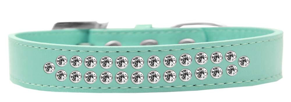 Stylish dog collar with two rows of clear crystals on faux leather, available in various colors and sizes.
