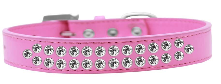 Stylish dog collar with two rows of clear crystals on faux leather, available in various colors and sizes.