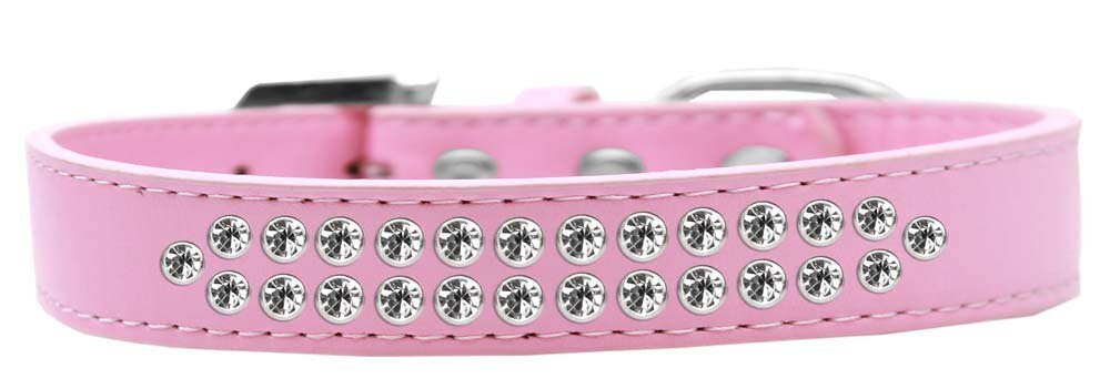 Stylish dog collar with two rows of clear crystals on faux leather, available in various colors and sizes.
