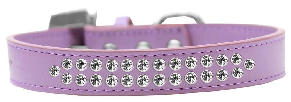 Stylish dog collar with two rows of clear crystals on faux leather, available in various colors and sizes.