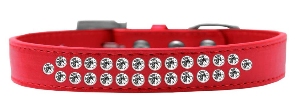 Stylish dog collar with two rows of clear crystals on faux leather, available in various colors and sizes.