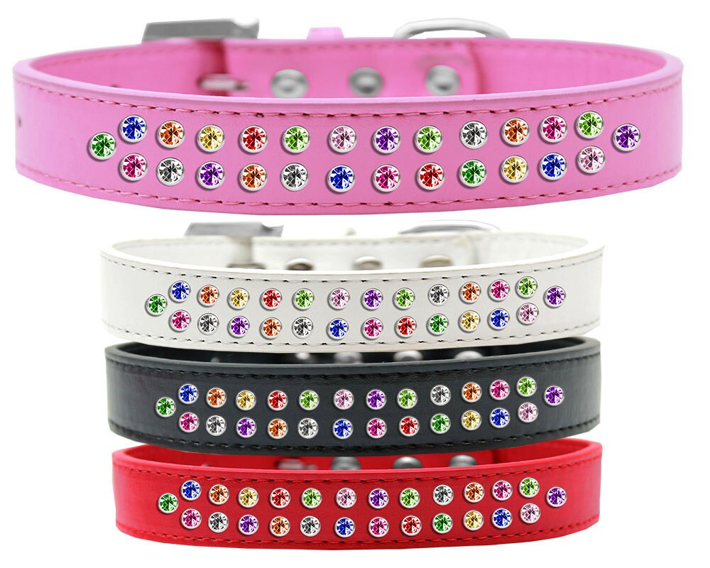 Stylish dog collar featuring two rows of colorful confetti crystals on a faux leather base with a crystal buckle.