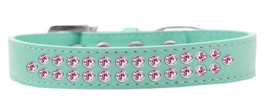 Light pink dog collar with two rows of crystal rimsets, featuring a crystal buckle and faux leather material.