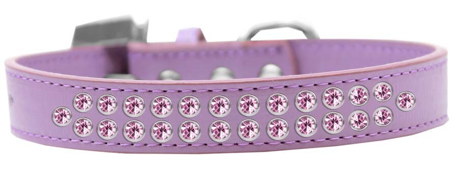 Light pink dog collar with two rows of crystal rimsets, featuring a crystal buckle and faux leather material.